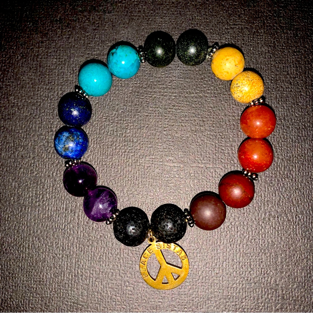 Semi-Precious/Sterling Silver Beaded Bracelet W/Peace Charm Vtg